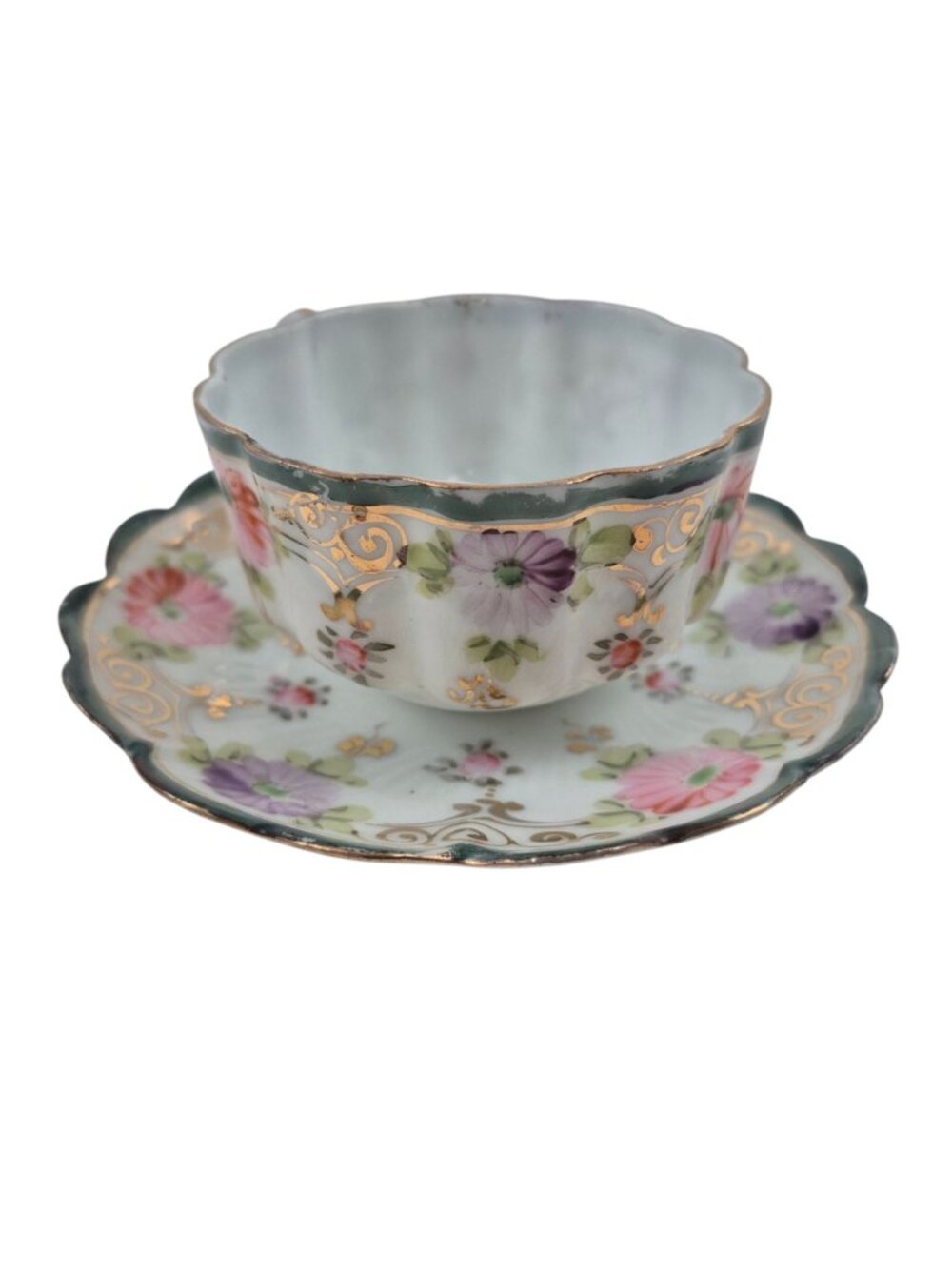 Tea Cup Saucer Set Porcelain Pink Purple Floral Design Green Trim Gold Accents - Picture 2 of 10